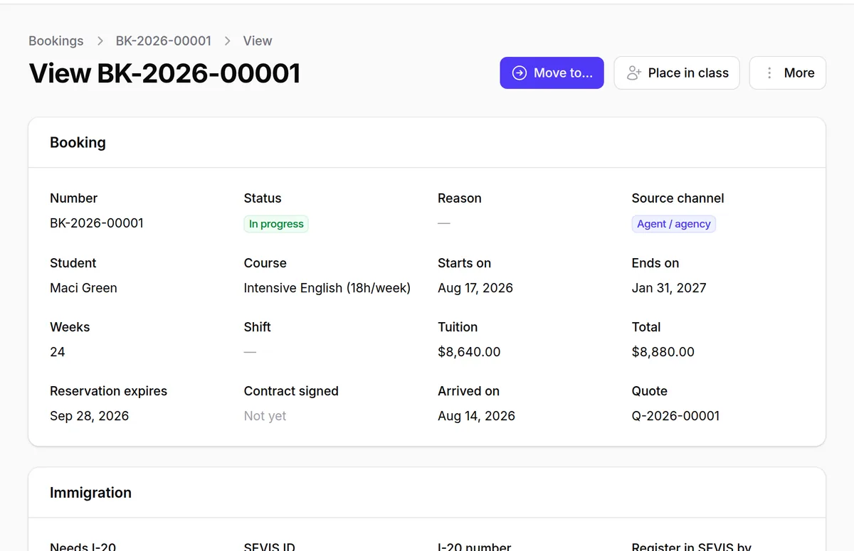 A booking with its status, dates, tuition and I-20 details