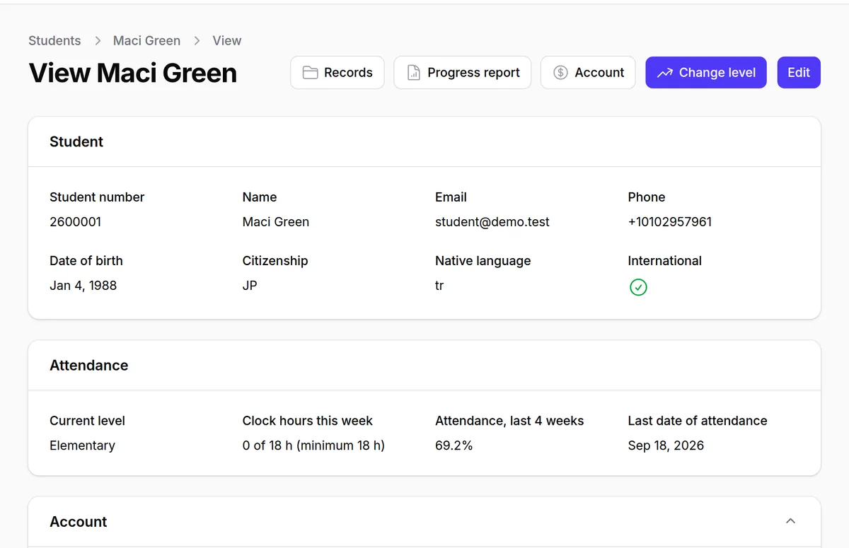 A student record with attendance, account balance and immigration details